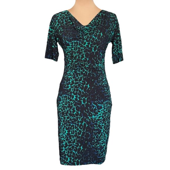 BCBGMaxAzria Leopard Print Mini Dress Sz.S Black Green Animal Print Cowl Neck - Picture 13 of 13